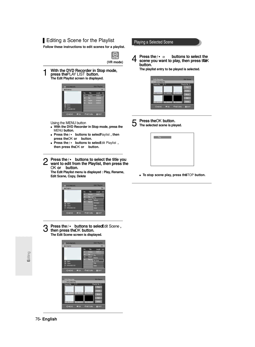 Samsung DVD-R130/EUR manual Editing a Scene for the Playlist, Playing a Selected Scene, Edit Scene screen is displayed 