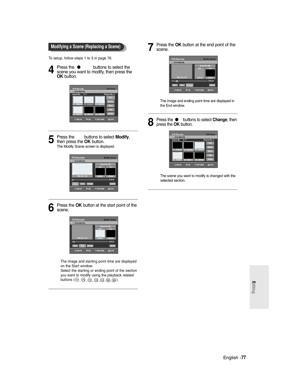 Samsung DVD-R131/EUR, DVD-R130/EUR manual Press the OK button at the start point of the scene, To setup, follow steps 1 to 3 