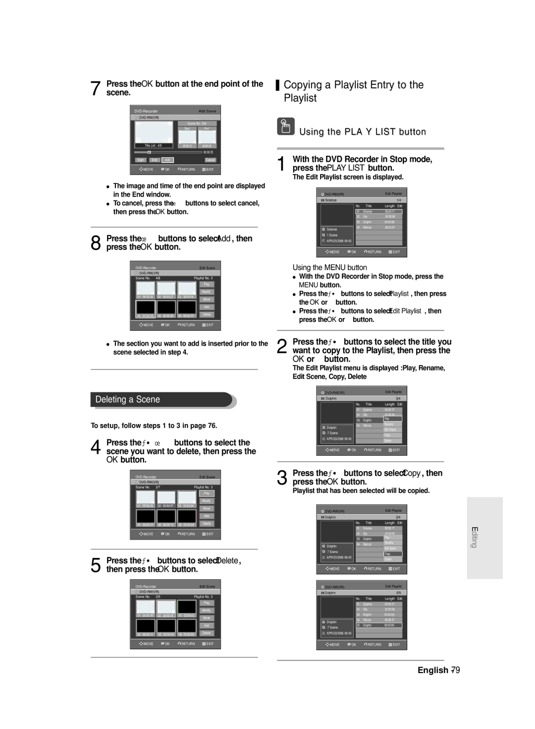 Samsung DVD-R131/EUR, DVD-R130/EUR manual Copying a Playlist Entry to the Playlist, Deleting a Scene 