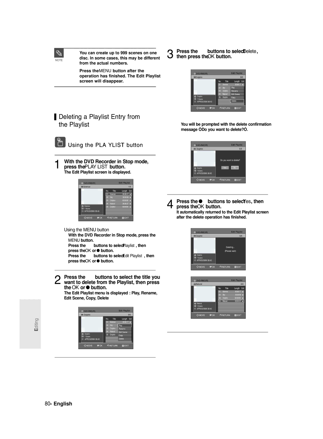 Samsung DVD-R130/EUR, DVD-R131/EUR Deleting a Playlist Entry from the Playlist, You can create up to 999 scenes on one 