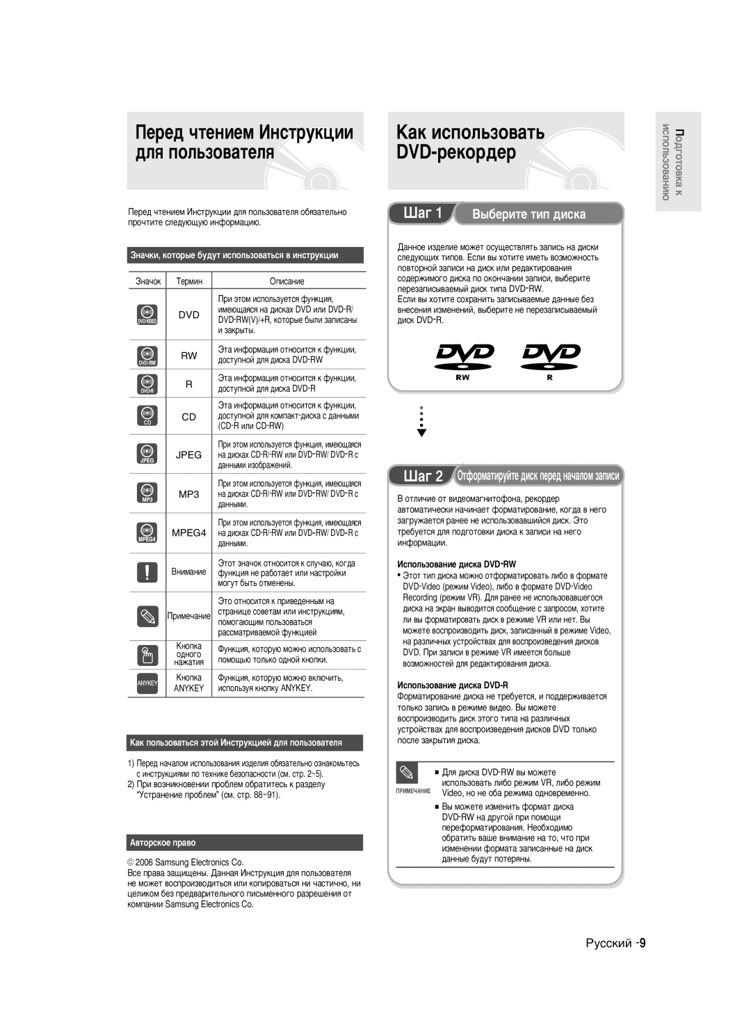 Samsung DVD-R130K/SEO manual ‡„ 1 Ç˚·ÂËÚÂ ÚËÔ ‰ËÒÍ‡, Àòôóî¸Áó‚‡Ìëâ ‰Ëòí‡ Dvd-Rw 