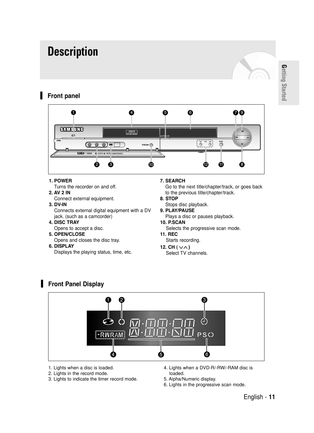 Samsung DVD-R130S instruction manual Description, Front panel, Front Panel Display 