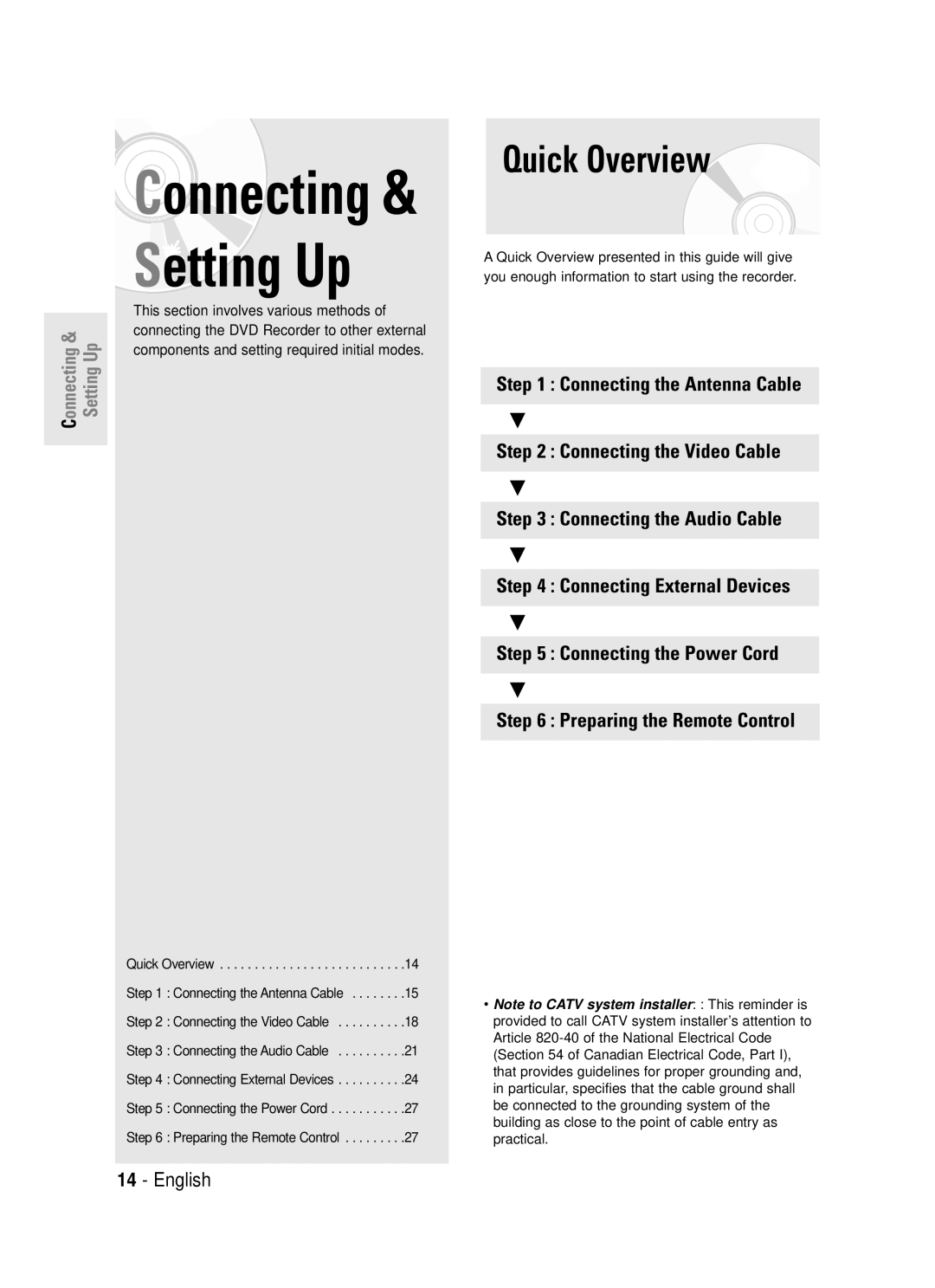 Samsung DVD-R130S instruction manual Quick Overview, Setting Up 