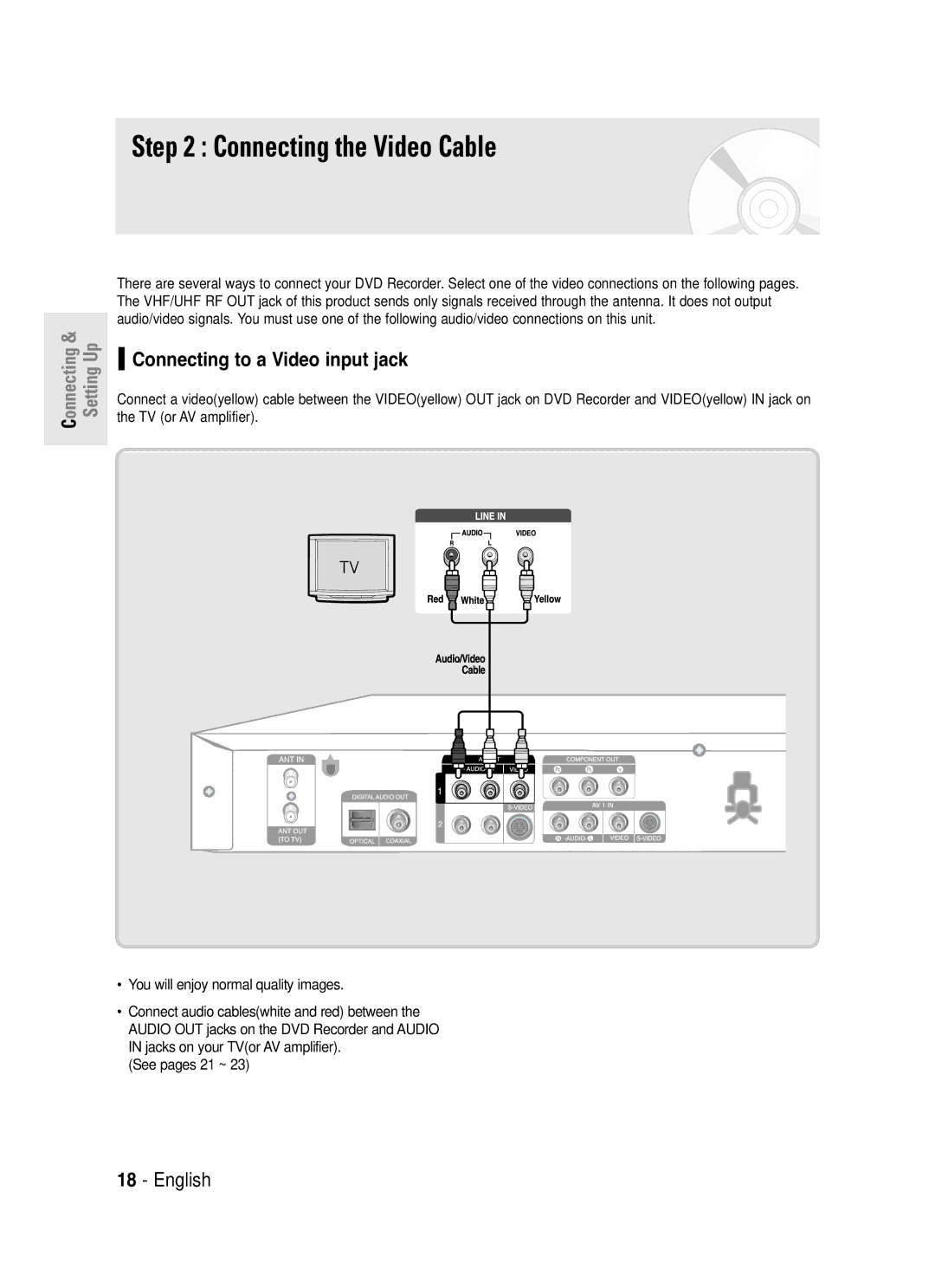 Samsung DVD-R130S Connecting the Video Cable, Connecting to a Video input jack, You will enjoy normal quality images 