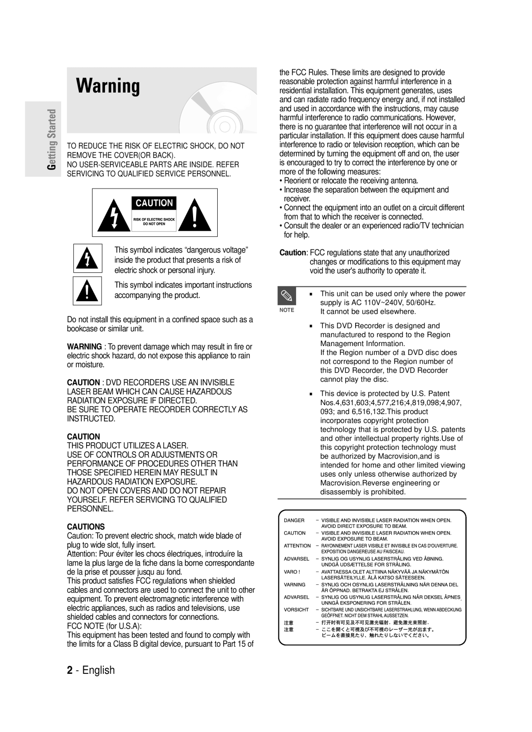 Samsung DVD-R130S instruction manual Getting Started, De la prise et pousser jusqu au fond, FCC Note for U.S.A 