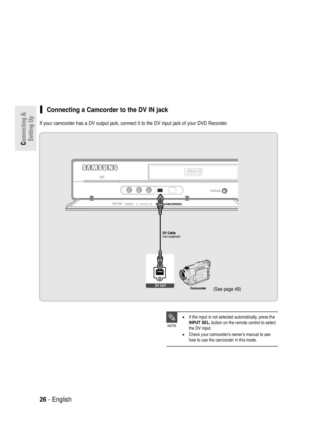 Samsung DVD-R130S instruction manual Connecting a Camcorder to the DV in jack 