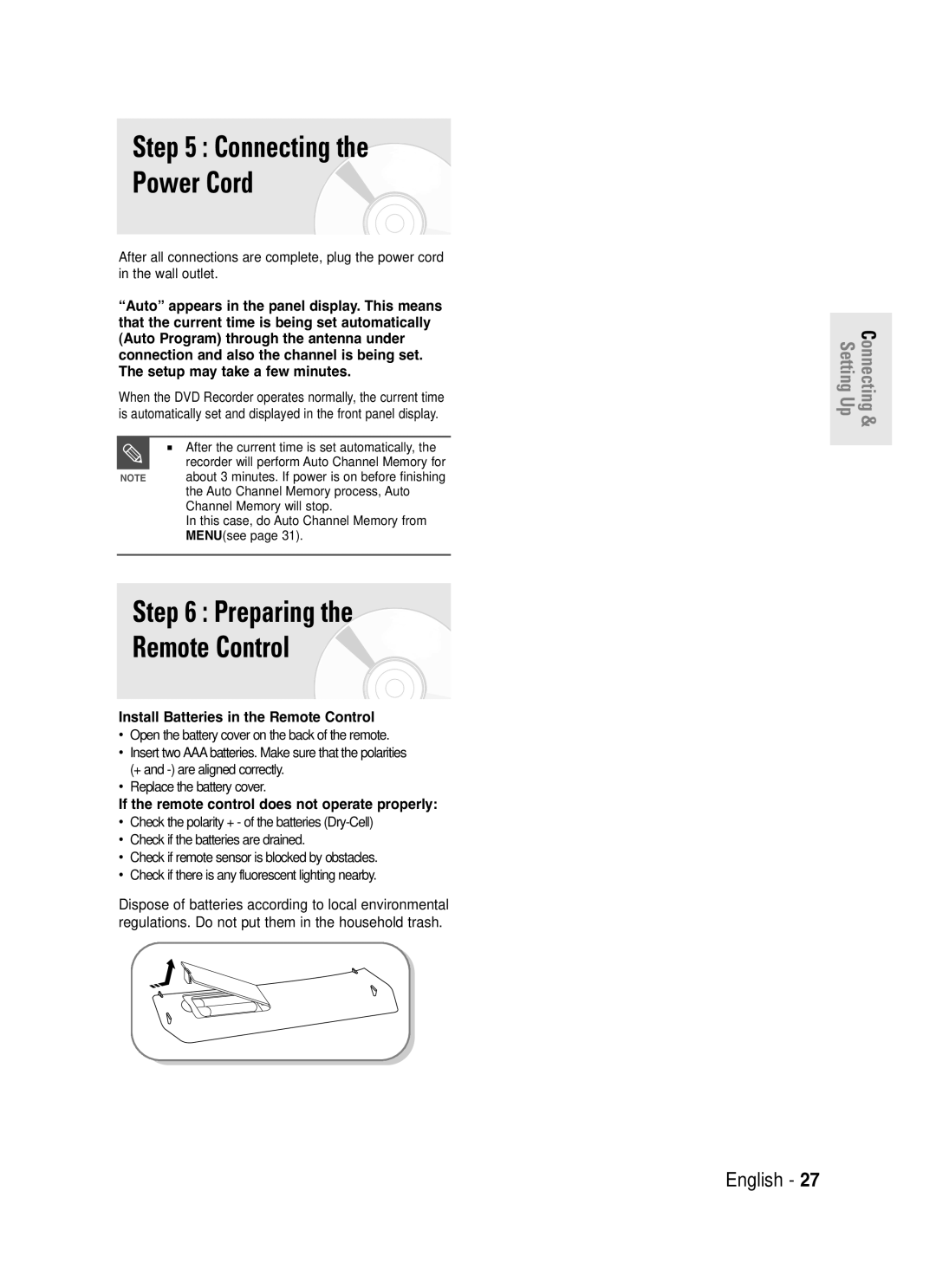 Samsung DVD-R130S Connecting Power Cord, Preparing Remote Control, Install Batteries in the Remote Control 