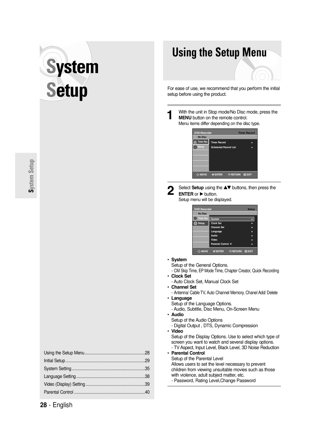 Samsung DVD-R130S instruction manual System Setup, Enter or √ button 