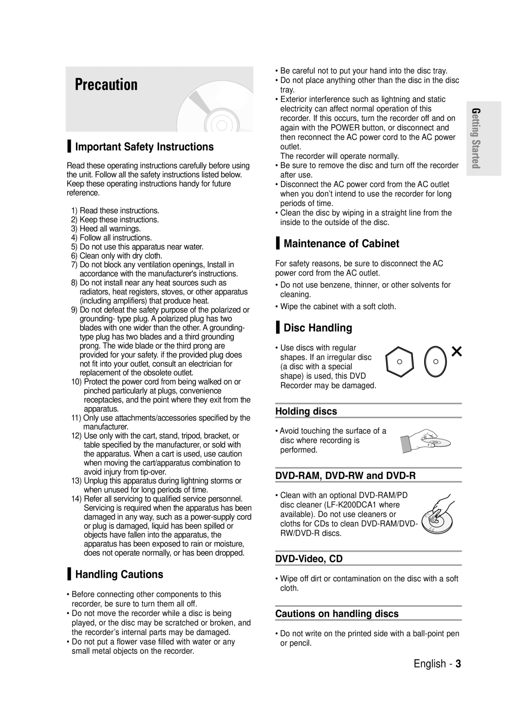 Samsung DVD-R130S Precaution, Important Safety Instructions, Handling Cautions, Maintenance of Cabinet, Disc Handling 