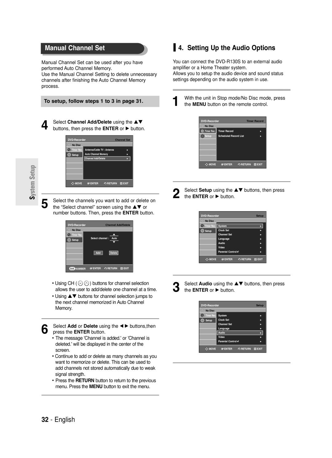 Samsung DVD-R130S instruction manual Manual Channel Set, Setting Up the Audio Options, Setup, Select, Menu. Press 