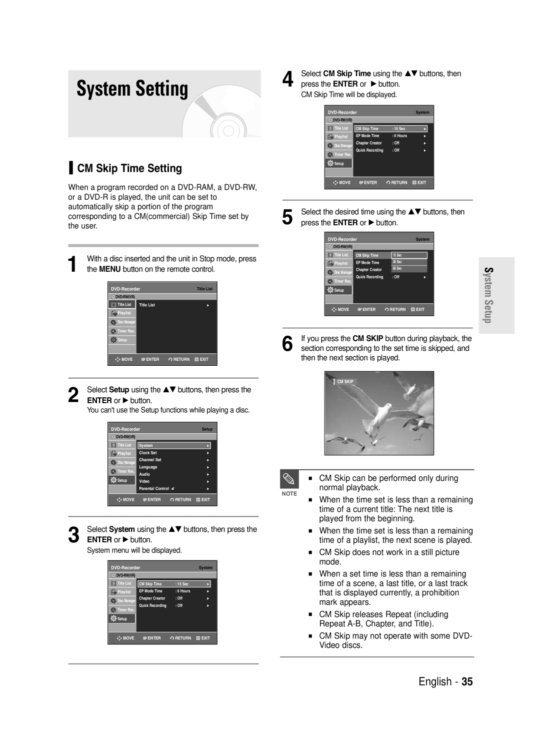 Samsung DVD-R130S instruction manual System Setting, CM Skip Time Setting, …† buttons, then 