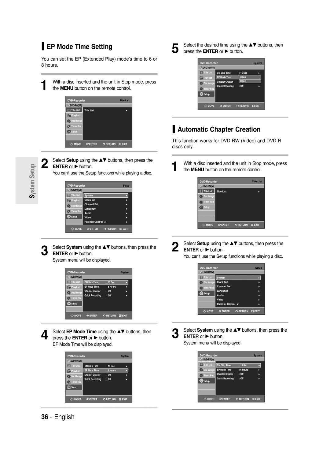 Samsung DVD-R130S instruction manual EP Mode Time Setting, Automatic Chapter Creation, EP Mode Time will be displayed 