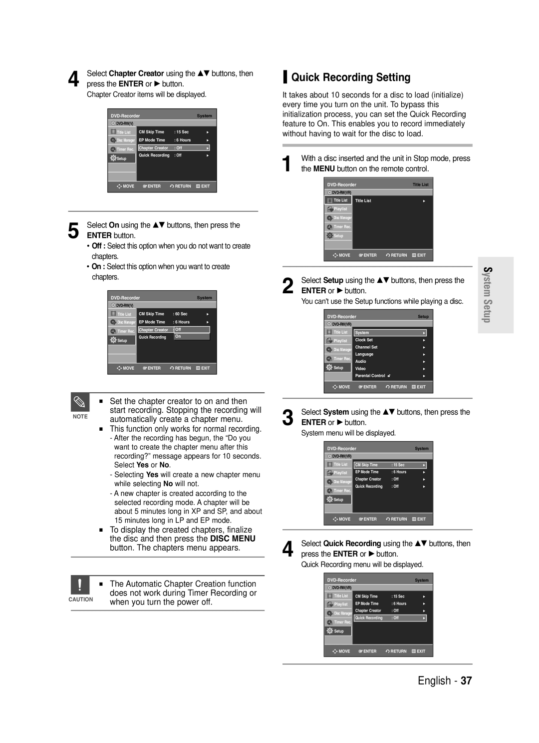 Samsung DVD-R130S instruction manual Quick Recording Setting, To display the created chapters, finalize 