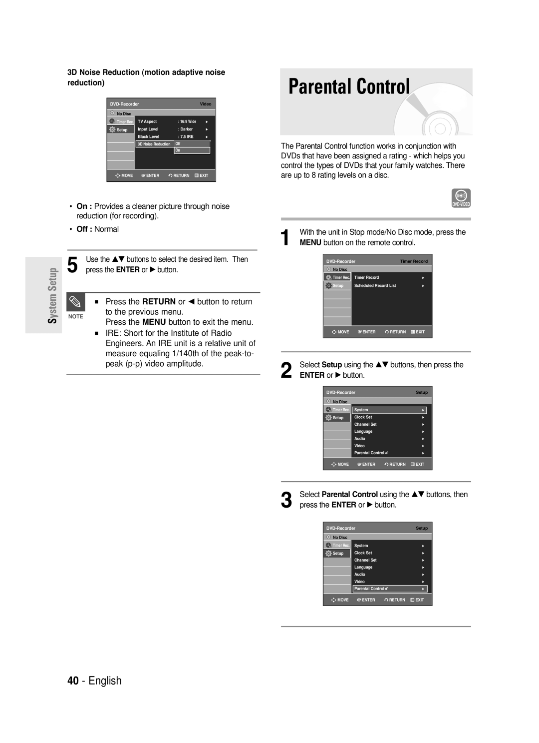 Samsung DVD-R130S instruction manual Parental Control, Press the Return or œ button to return, Off Normal 