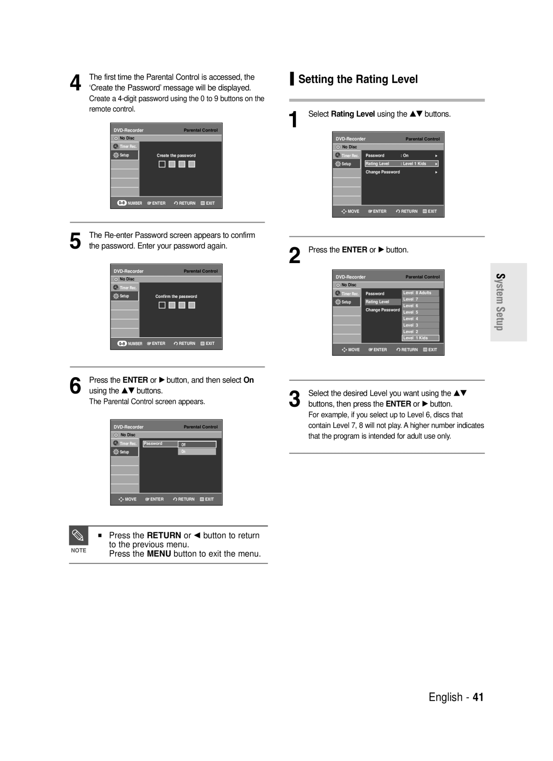 Samsung DVD-R130S instruction manual Setting the Rating Level, Using …† buttons Parental Control screen appears 