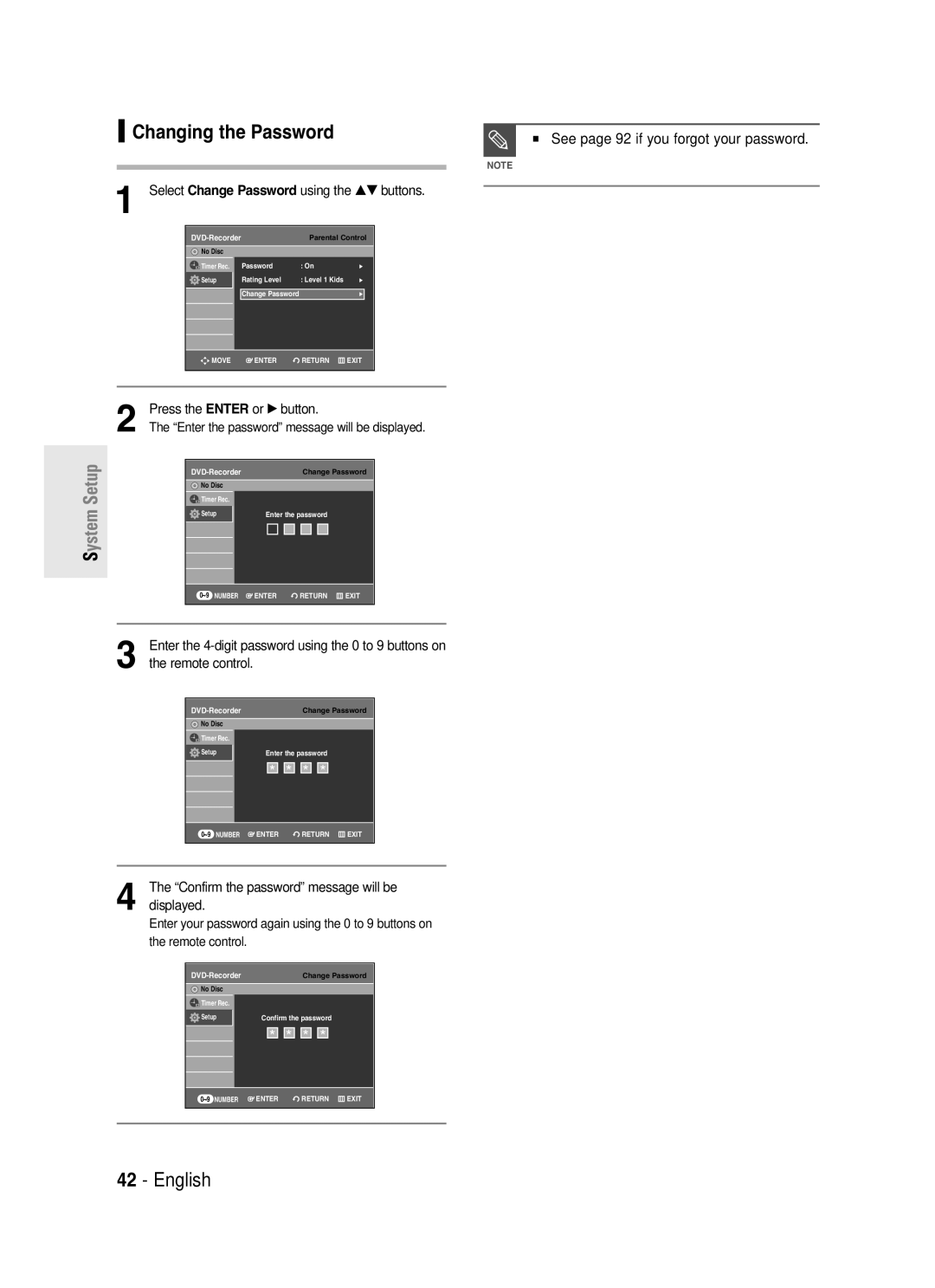 Samsung DVD-R130S instruction manual Changing the Password, Select Change Password using 