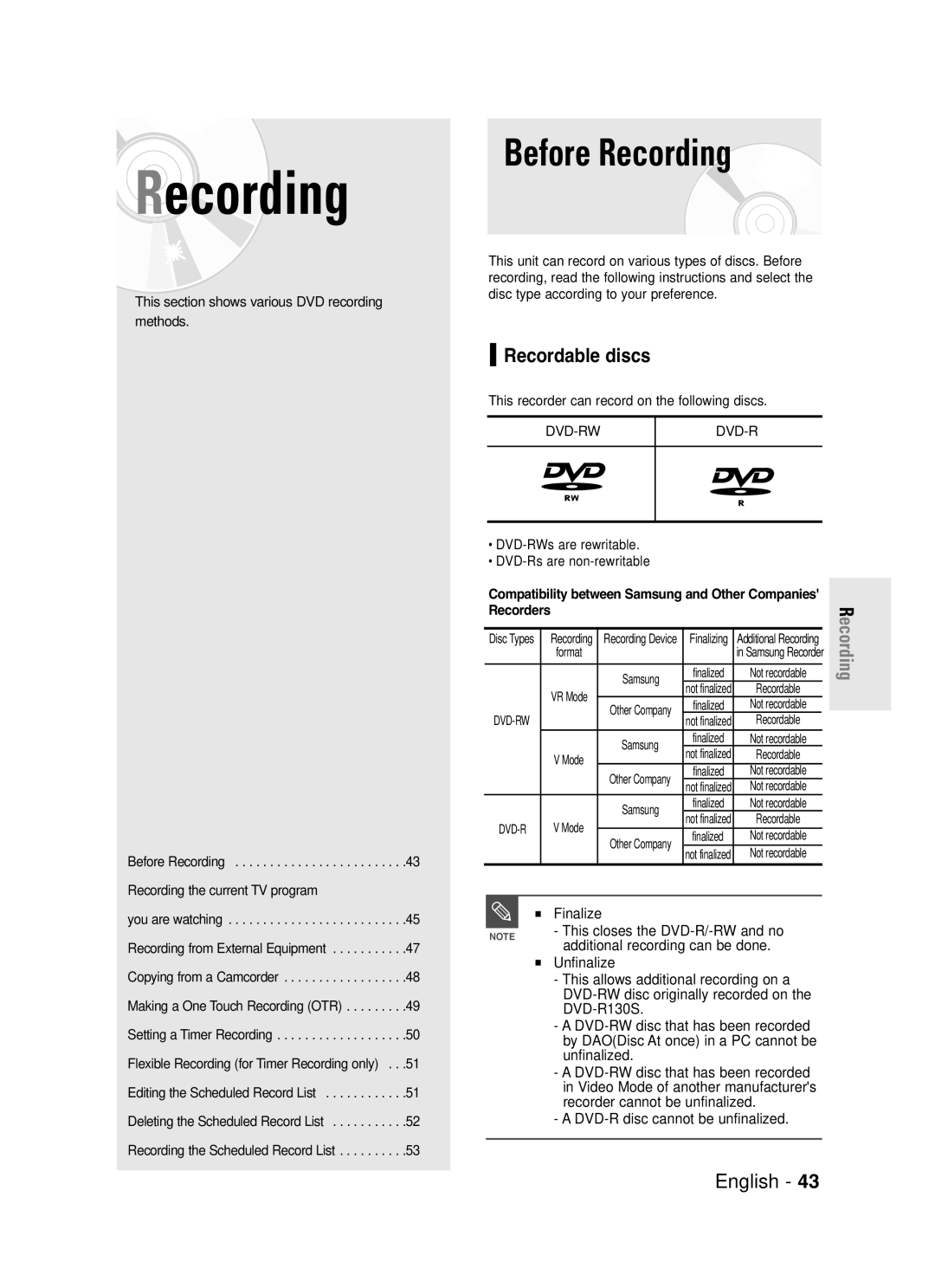 Samsung DVD-R130S instruction manual Before Recording, Recordable discs 