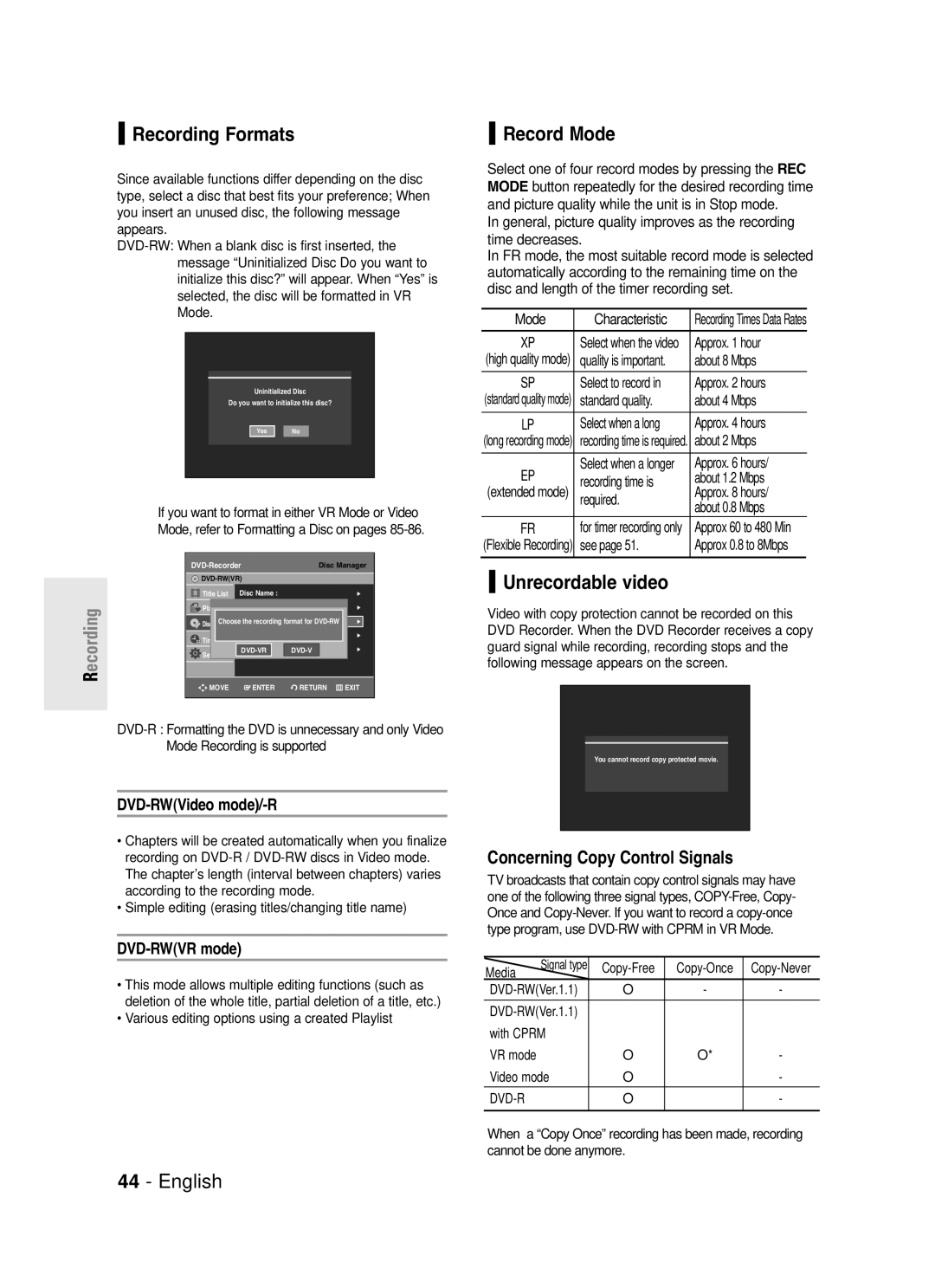 Samsung DVD-R130S instruction manual Recording Formats, Record Mode, Unrecordable video, Concerning Copy Control Signals 