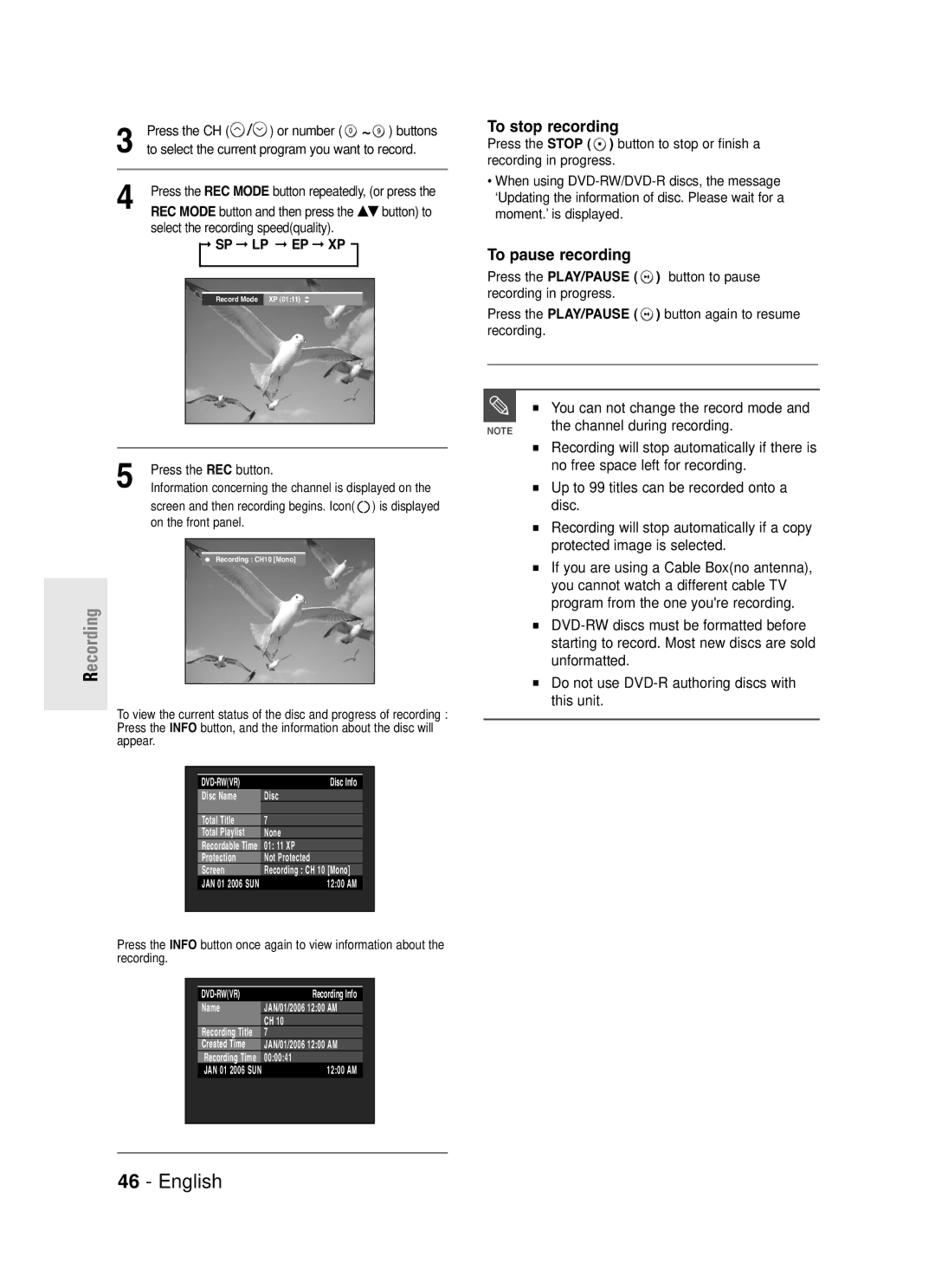 Samsung DVD-R130S instruction manual Up to 99 titles can be recorded onto a disc, Sp Lp Ep Xp, Appear 