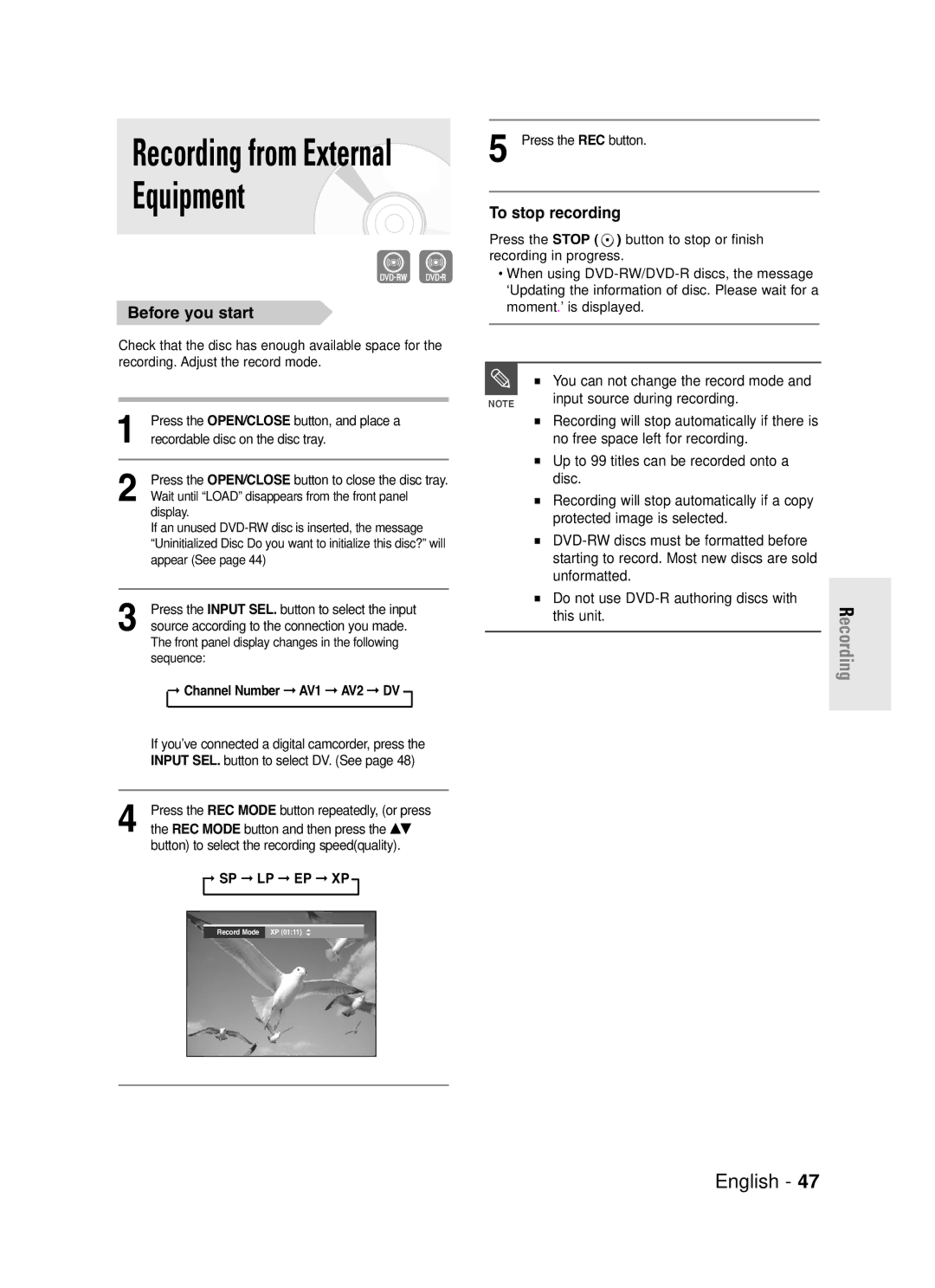 Samsung DVD-R130S instruction manual Display If an unused DVD-RW disc is inserted, the message, Channel Number AV1 AV2 DV 