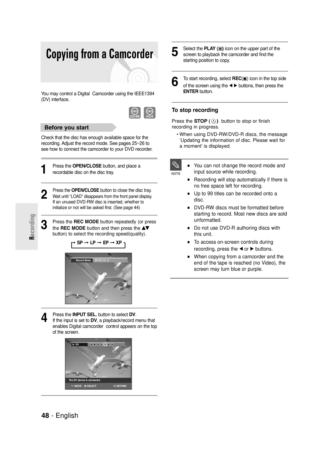 Samsung DVD-R130S instruction manual To access on-screen controls during, When copying from a camcorder 