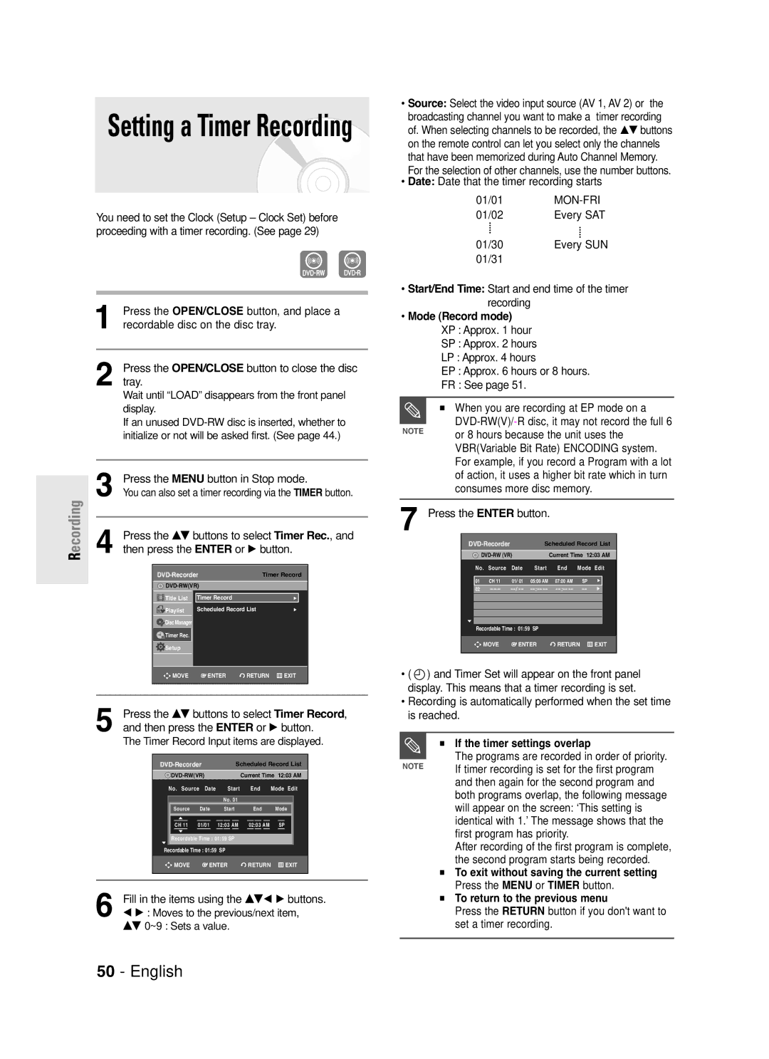 Samsung DVD-R130S instruction manual Enter or, Timer Rec, Mode Record mode 