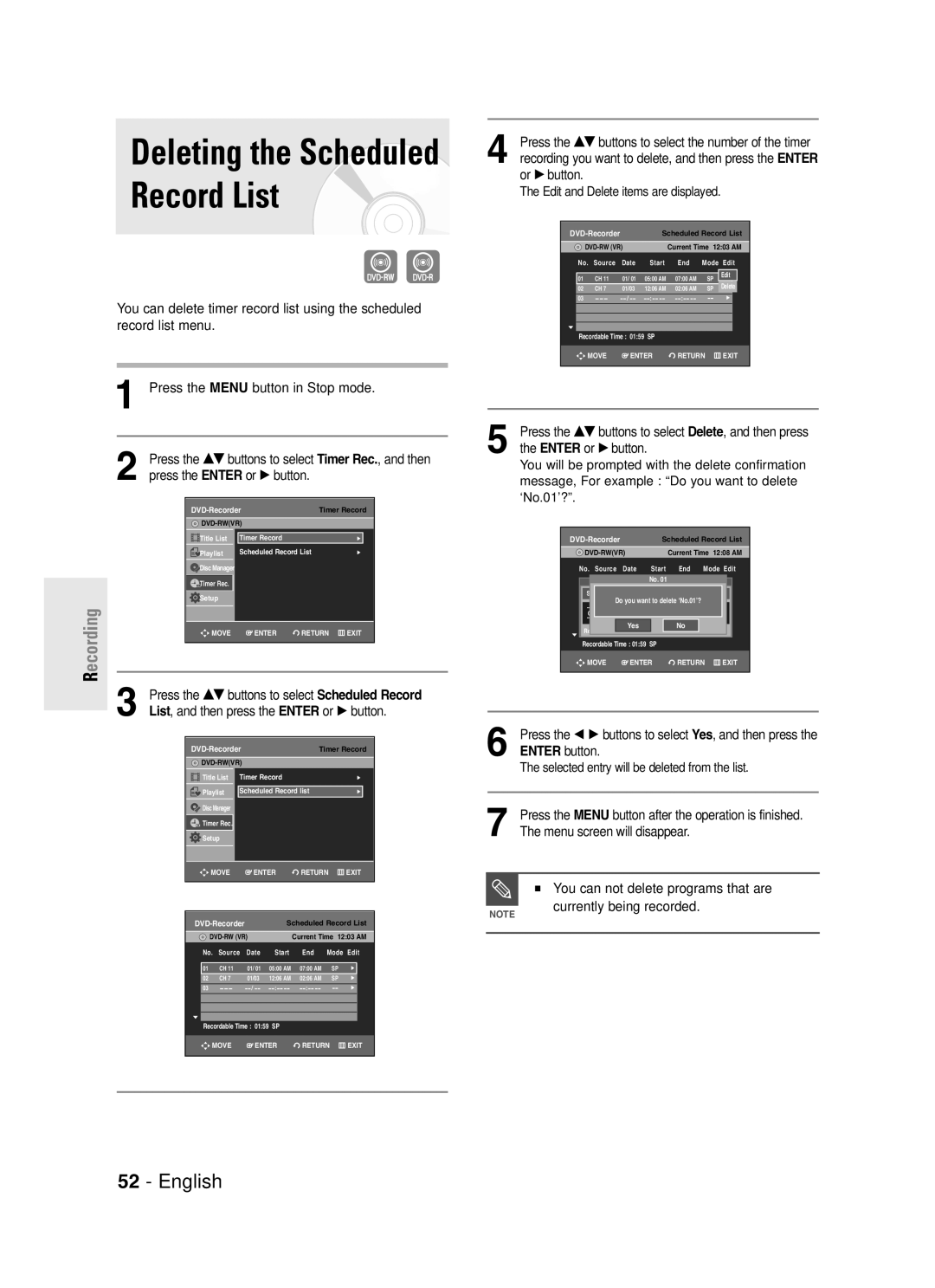 Samsung DVD-R130S instruction manual Enter or √ button, ‘No.01’? 