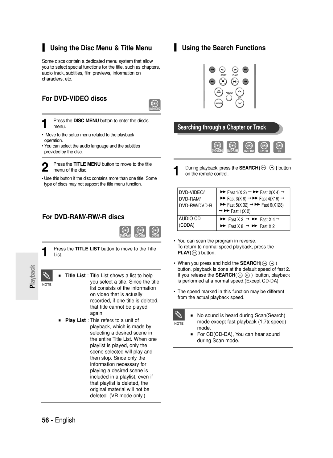 Samsung DVD-R130S instruction manual Using the Disc Menu & Title Menu, For DVD-VIDEO discs, For DVD-RAM/-RW/-R discs 