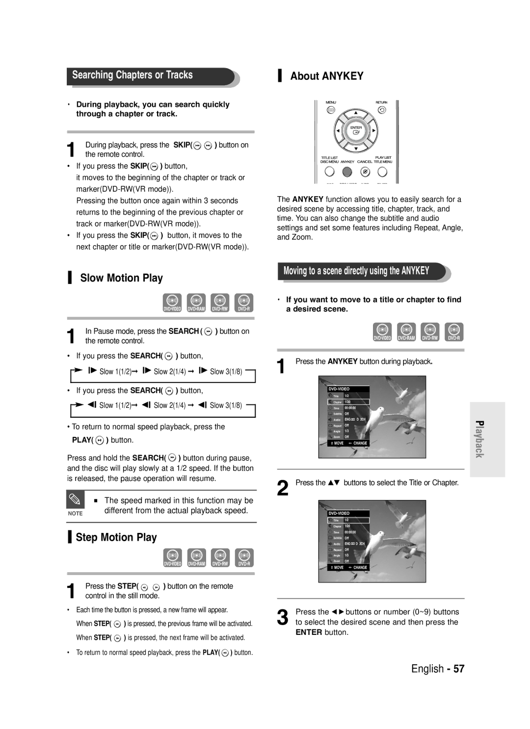 Samsung DVD-R130S instruction manual Searching Chapters or Tracks, About Anykey, Slow Motion Play, Step Motion Play 