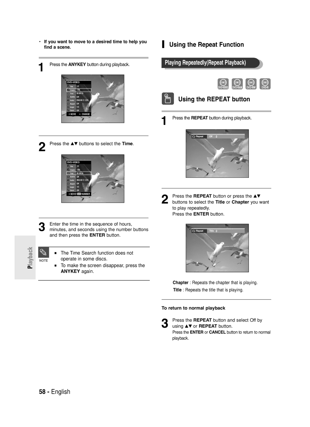 Samsung DVD-R130S instruction manual Using the Repeat Function, Playing RepeatedlyRepeat Playback, Using the Repeat button 