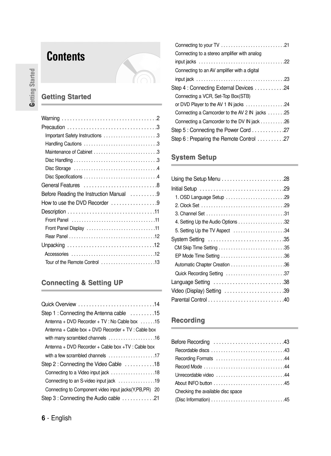 Samsung DVD-R130S instruction manual Contents 