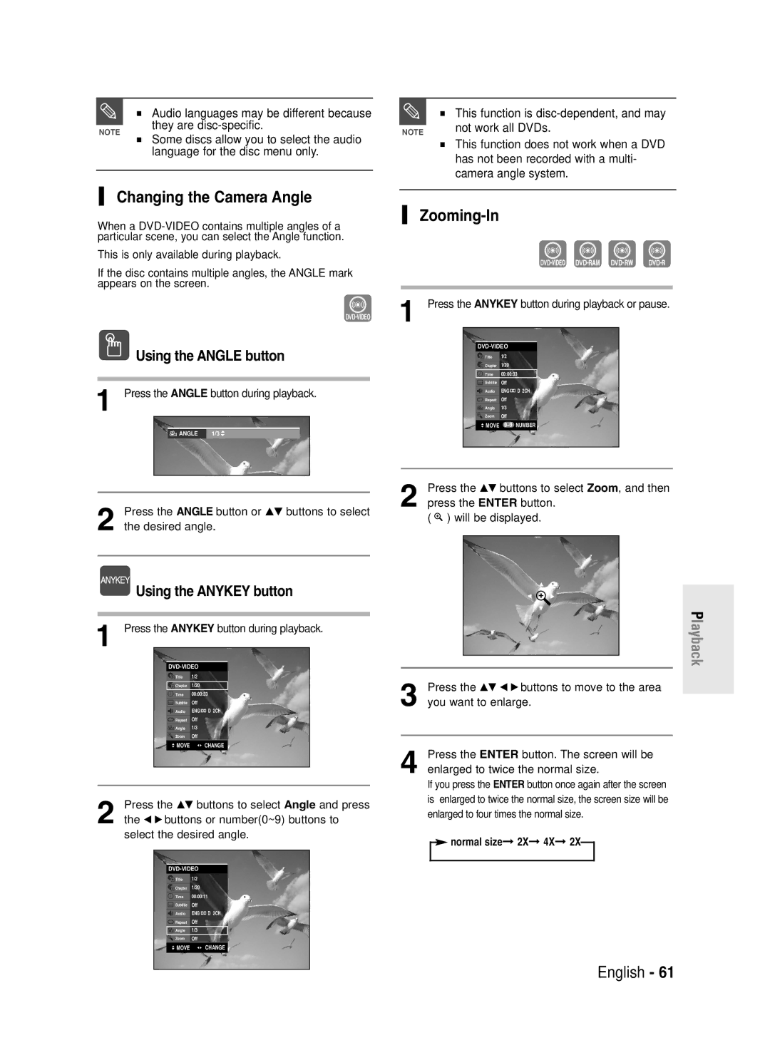 Samsung DVD-R130S instruction manual Changing the Camera Angle, Zooming-In, Using the Angle button 