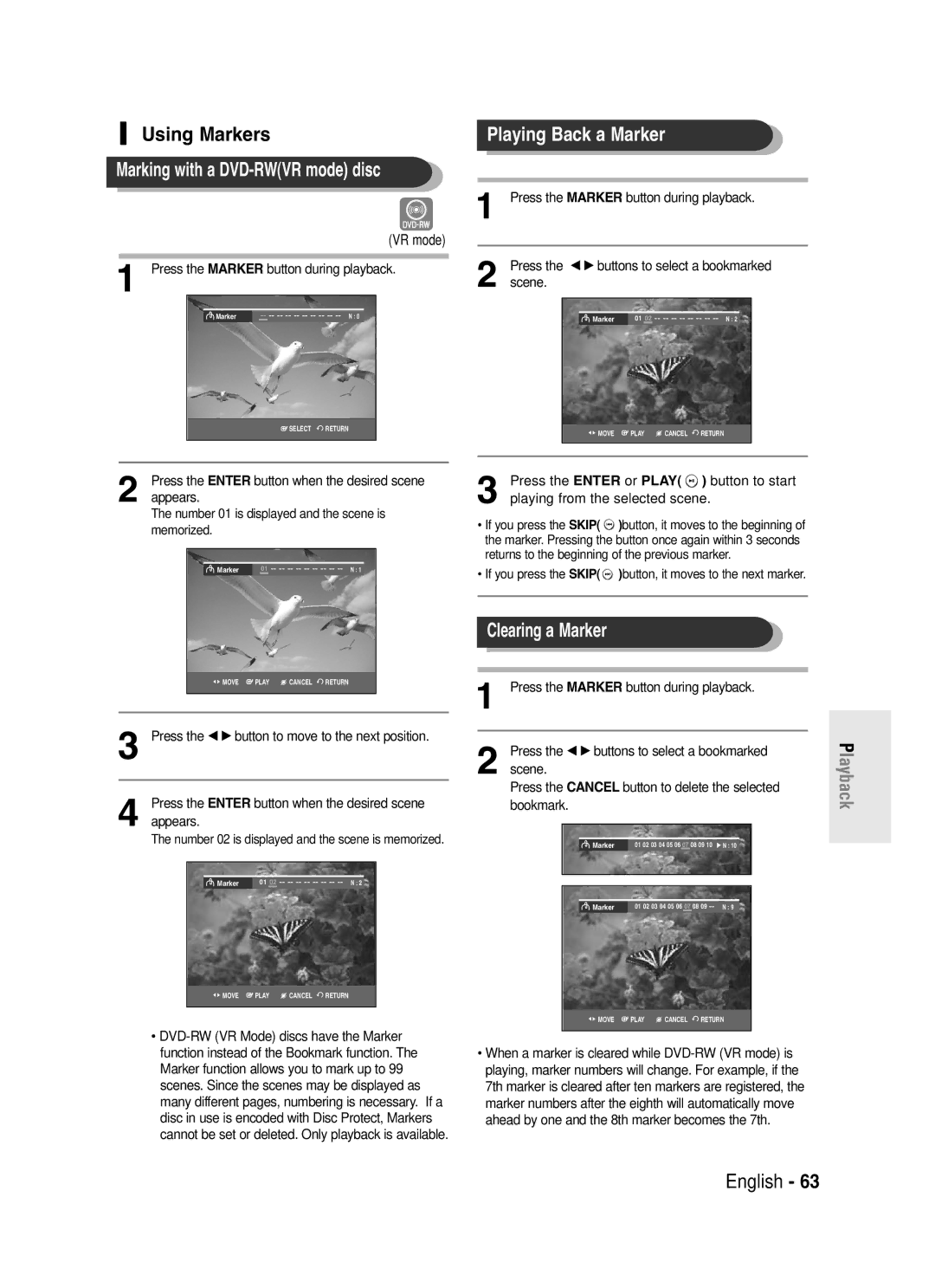 Samsung DVD-R130S instruction manual Using Markers, Playing Back a Marker, Clearing a Marker, VR mode 