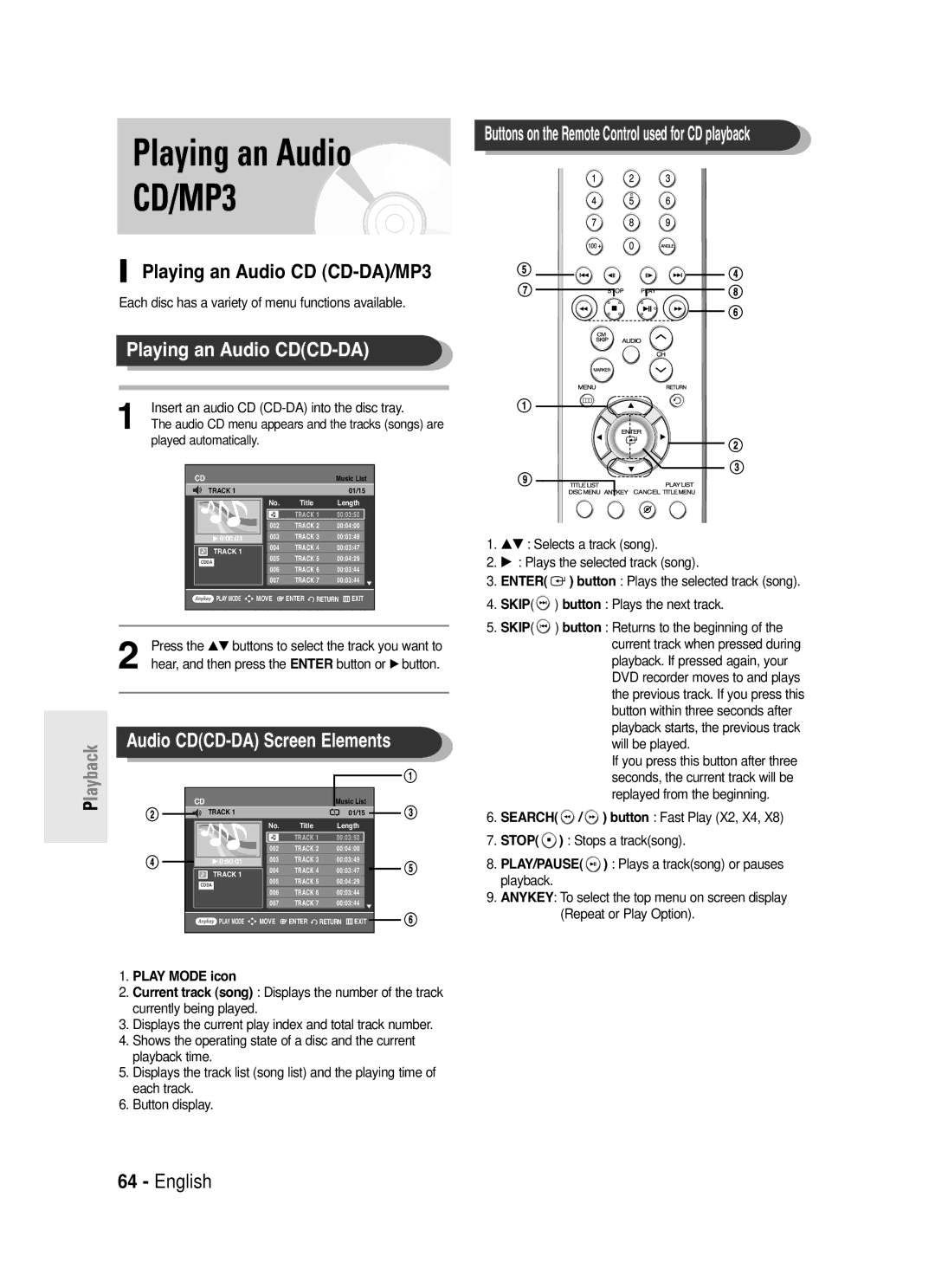 Samsung DVD-R130S instruction manual Playing an Audio CD CD-DA/MP3, Playing an Audio CDCD-DA 