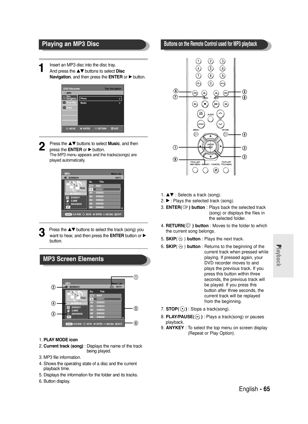 Samsung DVD-R130S instruction manual Playing an MP3 Disc, Within three, Screen 