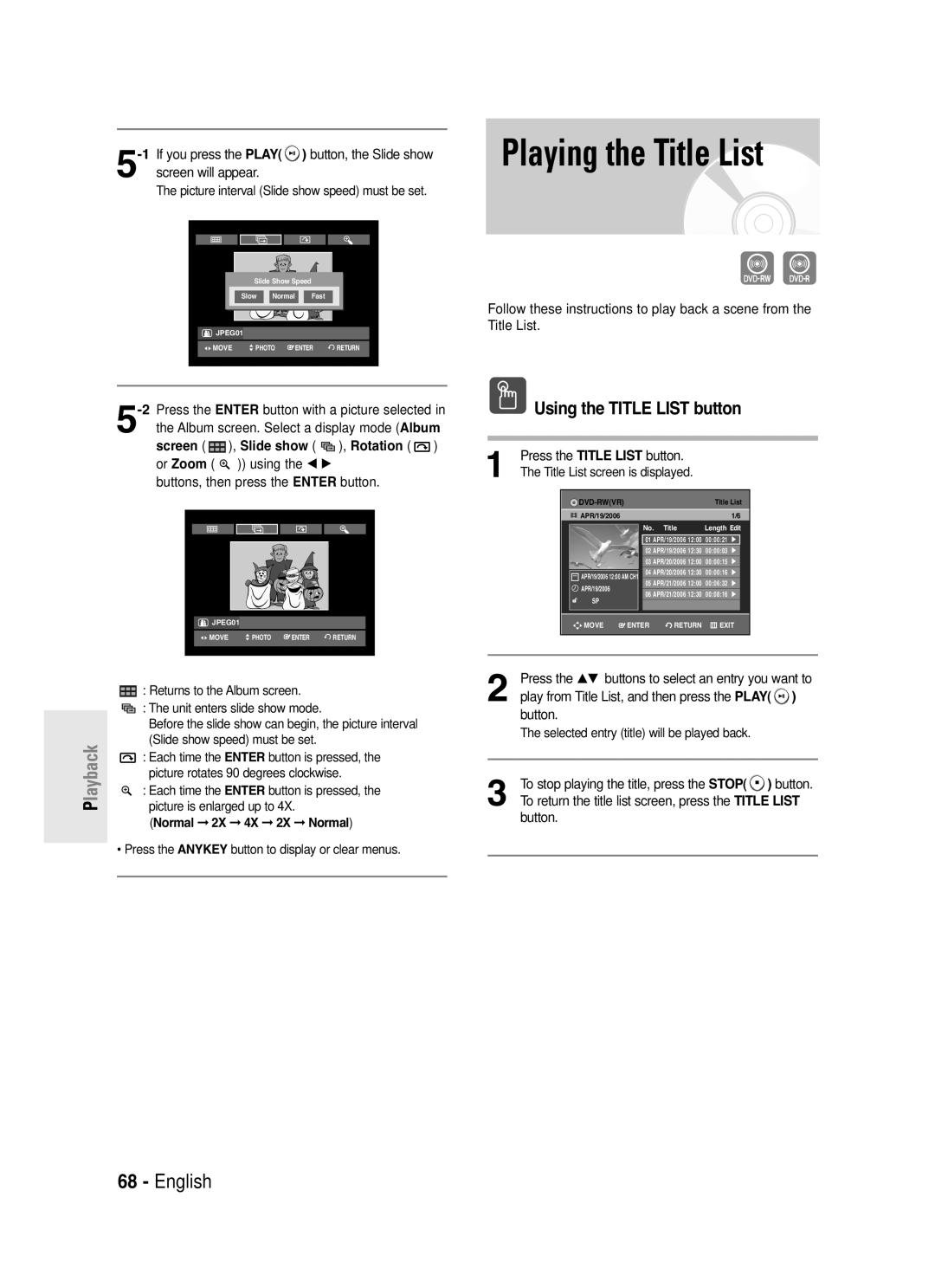 Samsung DVD-R130S instruction manual Using the Title List button, Album, Rotation, Or Zoom, Normal 2X 4X 2X Normal 