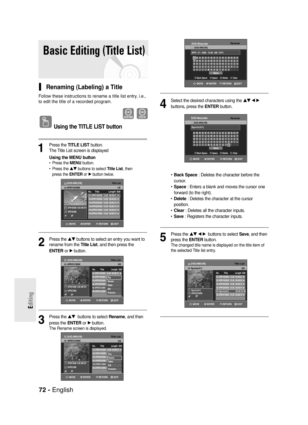 Samsung DVD-R130S instruction manual Renaming Labeling a Title, Using the Menu button, Rename, and then, Characters using 