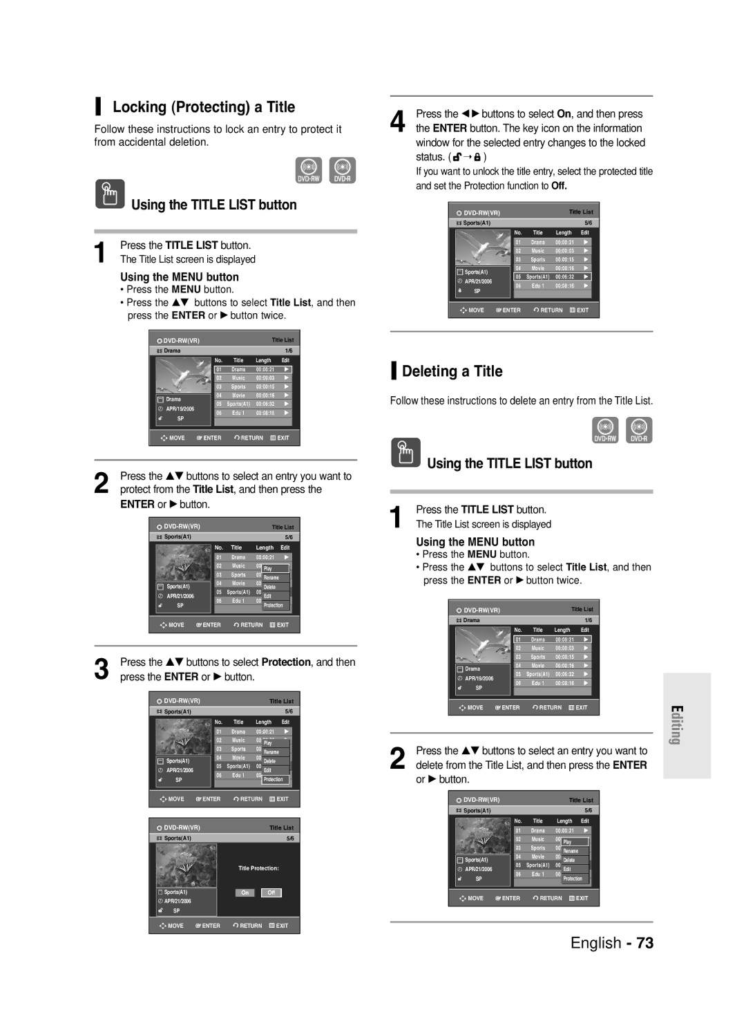 Samsung DVD-R130S instruction manual Locking Protecting a Title, Deleting a Title, Using the Menu button, Off 