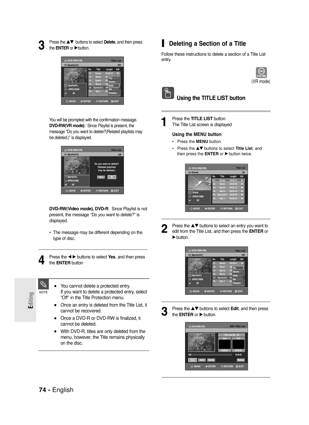 Samsung DVD-R130S instruction manual Deleting a Section of a Title, On the disc, Enter or √button 