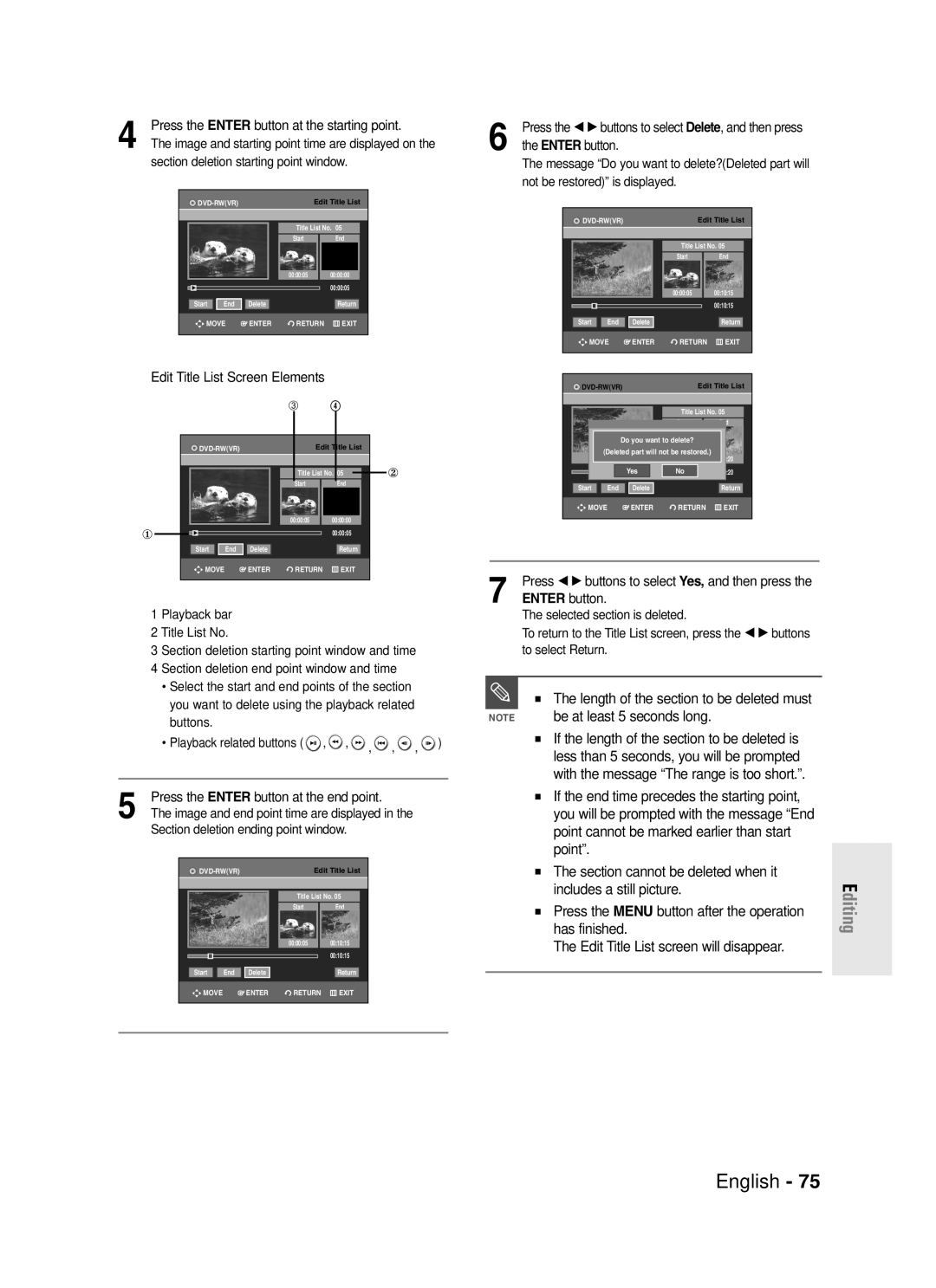 Samsung DVD-R130S Section deletion starting point window, Edit Title List Screen Elements, √ buttons to select 