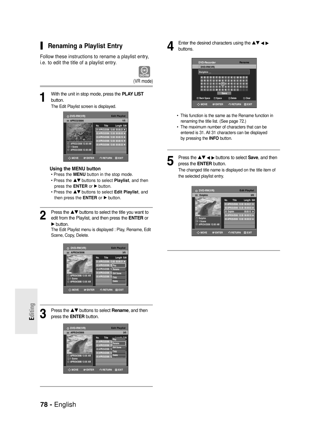 Samsung DVD-R130S instruction manual Renaming a Playlist Entry, DitingE 