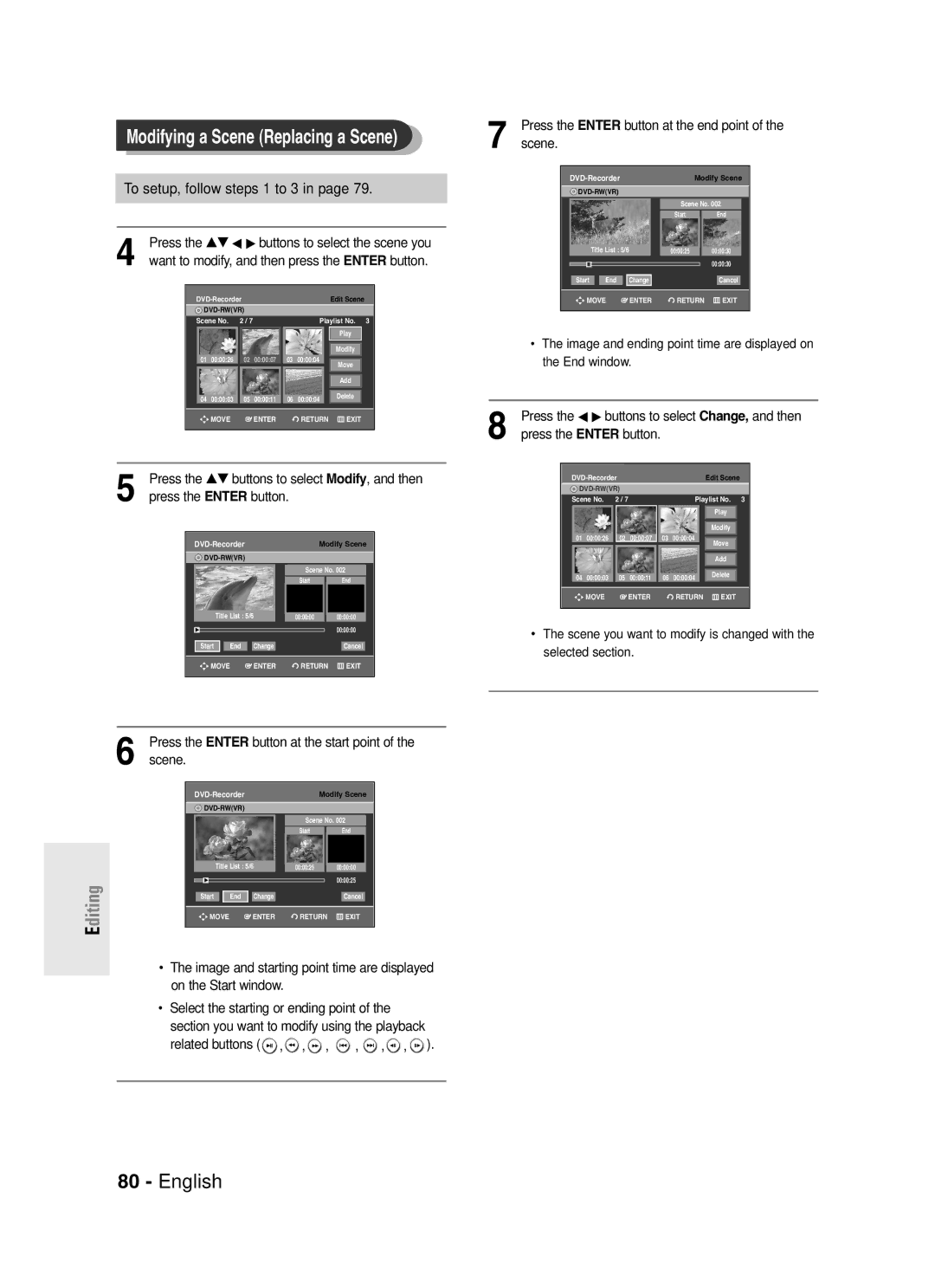 Samsung DVD-R130S To setup, follow steps 1 to 3, Press the Enter button at the start point of the scene, Related buttons 