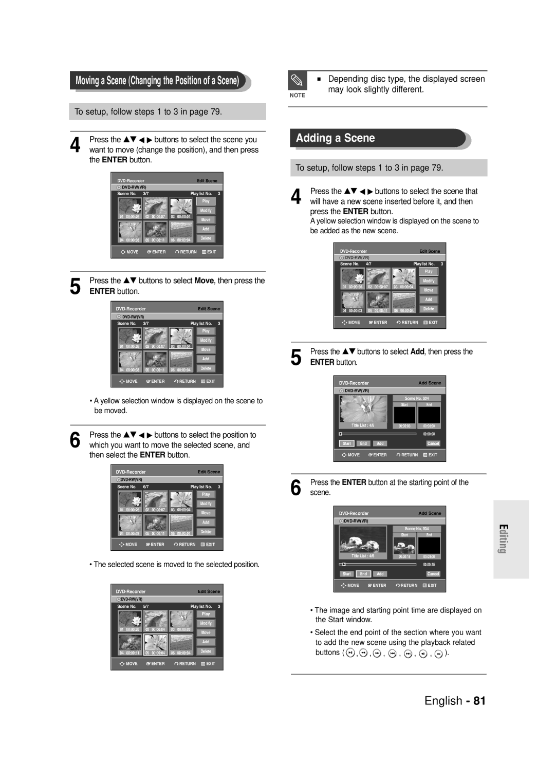 Samsung DVD-R130S instruction manual Adding a Scene, Enter button, Selected scene is moved to the selected position 