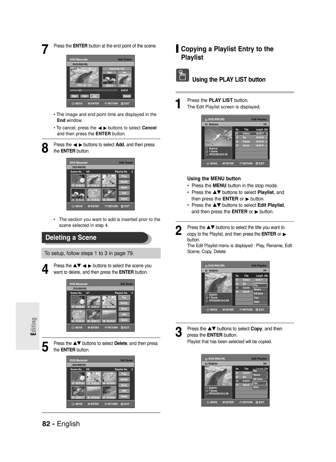 Samsung DVD-R130S instruction manual Deleting a Scene, Copying a Playlist Entry to the Playlist, Using the Play List button 