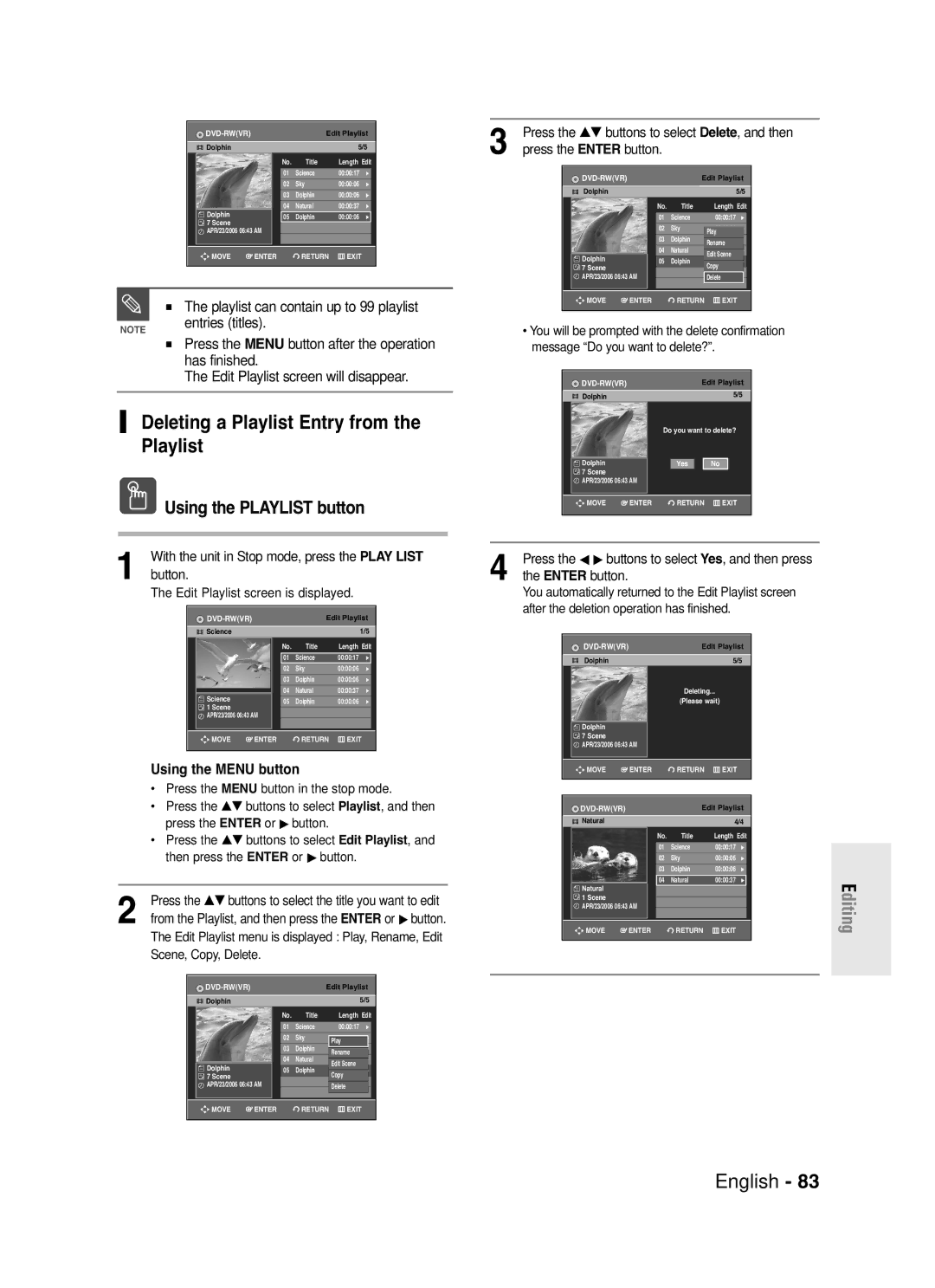 Samsung DVD-R130S instruction manual Deleting a Playlist Entry from the Playlist, Using the Playlist button 