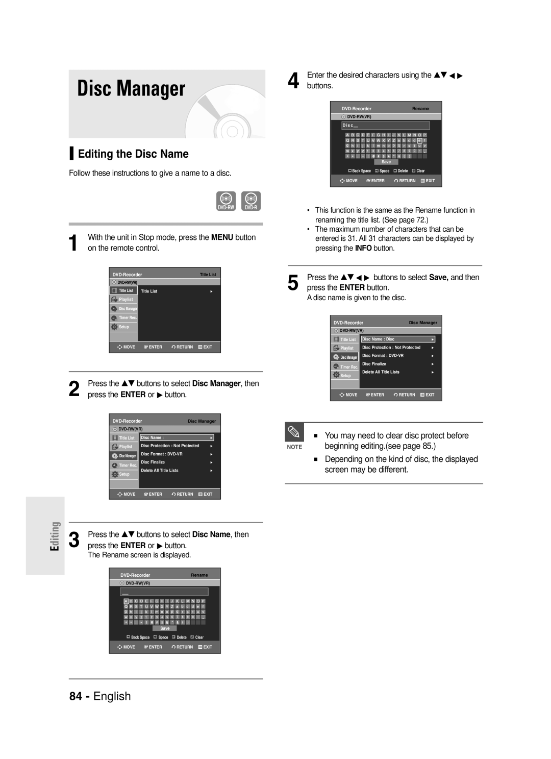 Samsung DVD-R130S instruction manual Disc Manager, Editing the Disc Name, Diting E, Menu button, Disc Name , then 