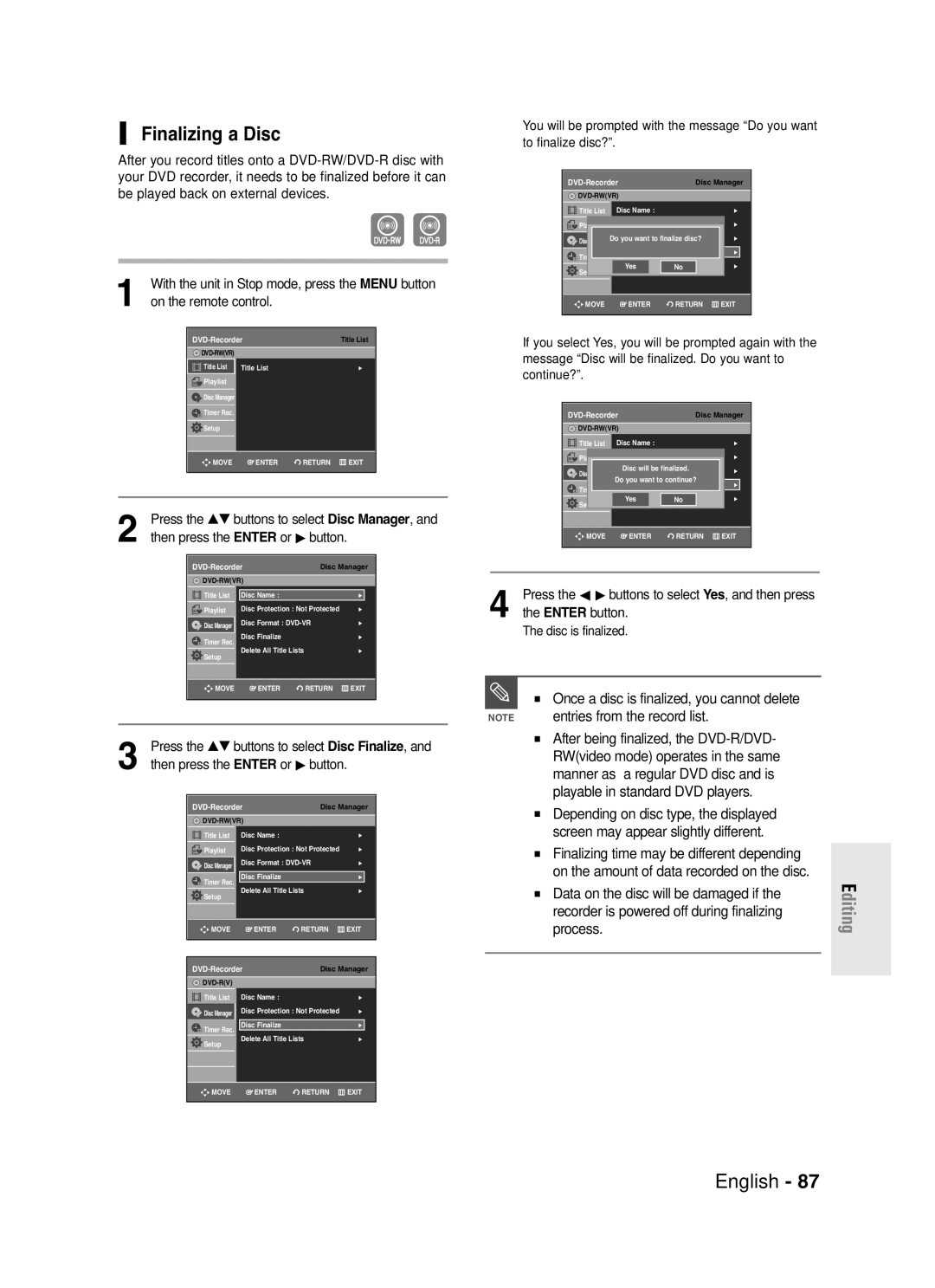 Samsung DVD-R130S instruction manual Finalizing a Disc, Entries from the record list 