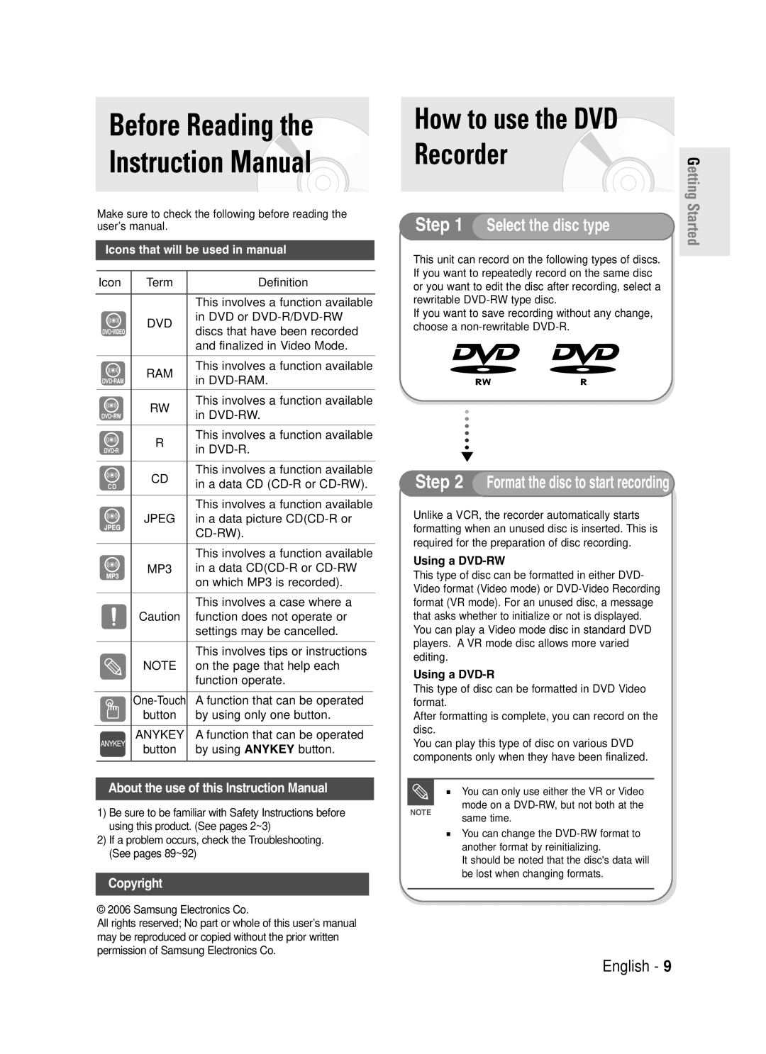 Samsung DVD-R130S instruction manual Before Reading, Format the disc to start recording, Anykey button, Using a DVD-RW 