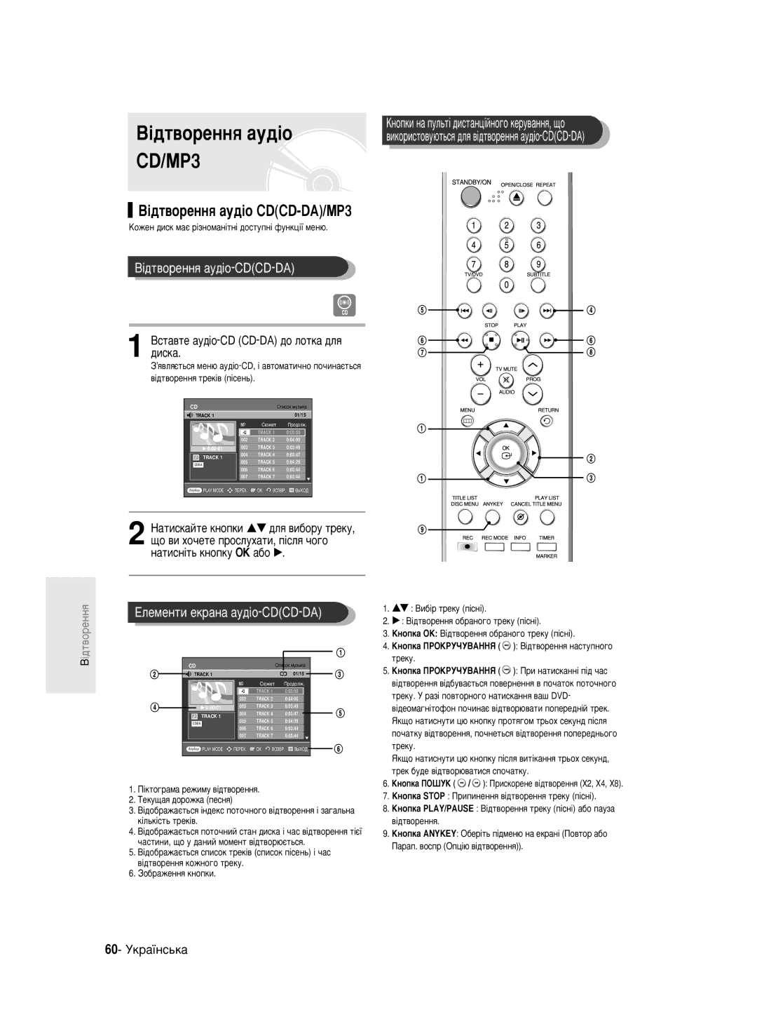 Samsung DVD-R130/SEO manual ¥‰Ú‚ÓÂÌÌﬂ ‡Û‰¥Ó-CDCD-DA, 60- ìÍ‡ªÌÒ¸Í‡, ÁÓ·‡ÊÂÌÌﬂ Íìóôíë 