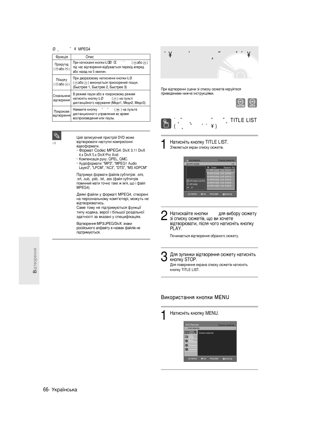 Samsung DVD-R130/SEO manual ¥‰Ú‚ÓÂÌÌﬂ Òôëòíû Ò˛ÊÂÚ¥‚, ÇËÍÓËÒÚ‡ÌÌﬂ Íìóôíë Title List Òôëòóí Ò˛ÊÂÚ¥‚, Íìóôíû Stop 